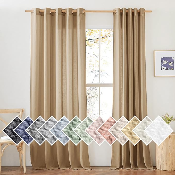 NICETOWN Sheer Linen Curtains for Sliding Glass Door, Grommet Semi Sheer Linen Blend Window Drapes Privacy with Light Filtering for Bedroom/Living Room, Camel, W70 x L84, 2 Panels