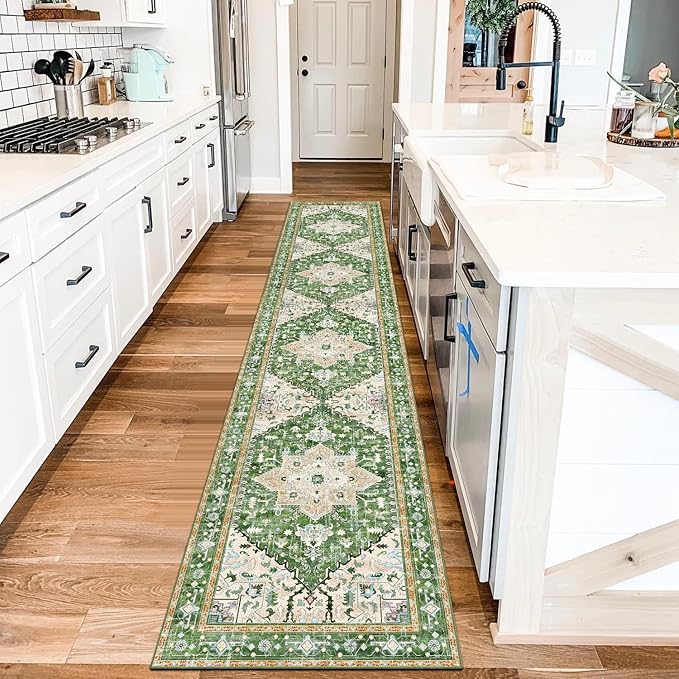 Yamaziot Washable Runner Rug, 2x10 Non-Slip Boho Vintage Hallway Rug Runner with Rubber Backing, Stain Resistant & Low Pile Faux Wool Distressed Carpet Runner for Kitchen, Laundry, Entrance, Green