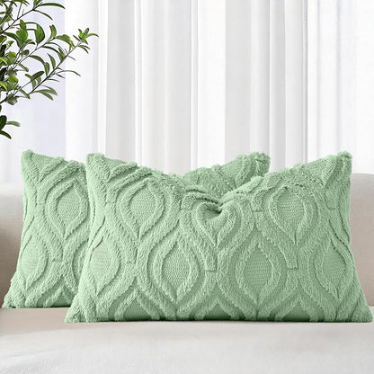 decorUhome Throw Pillow Covers 12x20 Inch Set of 2, Soft Plush Faux Wool Sage Green Solid Couch Pillow Covers, Accent Farmhouse Neutral Rectangle Pillow Cases for Sofa Bed Living Room