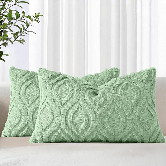 decorUhome Throw Pillow Covers 12x20 Inch Set of 2, Soft Plush Faux Wool Sage Green Solid Couch Pillow Covers, Accent Farmhouse Neutral Rectangle Pillow Cases for Sofa Bed Living Room