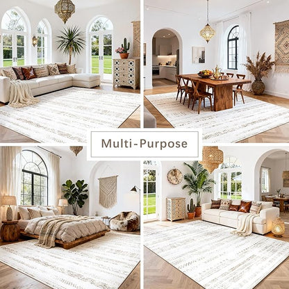 Moroccan Washable Rugs 8x10 Area Rugs for Living Room,Bedroom,Dining Room- Large Ultra Soft Faux Wool Retro Carpet,Non Slip&Non-Shedding Low Pile Vintage Print Rug-(Light Brown-White)