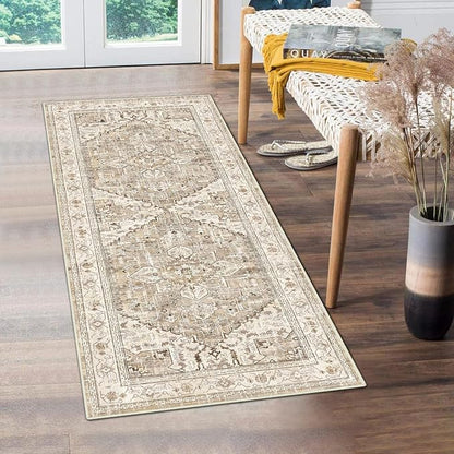 Yamaziot Washable Runner Rug, 2x5 Non-Slip Boho Vintage Hallway Rug Runner with Rubber Backing, Stain Resistant Faux Wool Distressed Carpet Runner for Kitchen, Laundry, Entrance, Beige Brown