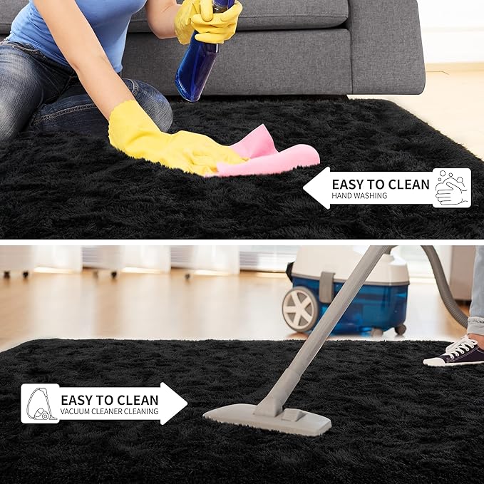 Tepook Super Soft Fluffy Rug for Bedroom, Modern Shaggy Fuzzy Kids Rugs for Living Room, Plush Indoor Nursery Home Decor Dorm Carpet with Non-Slip Bottom, Black, 2 X 3 Feet