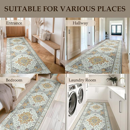 RELEANY Area Rugs 2'x10' Runner Rug Non Slip Washable for Kitchen Hallway Bedroom Beside Laundry Room Bathroom Rug, Floor Carpet, Light Yellow Carbon Grey Orange