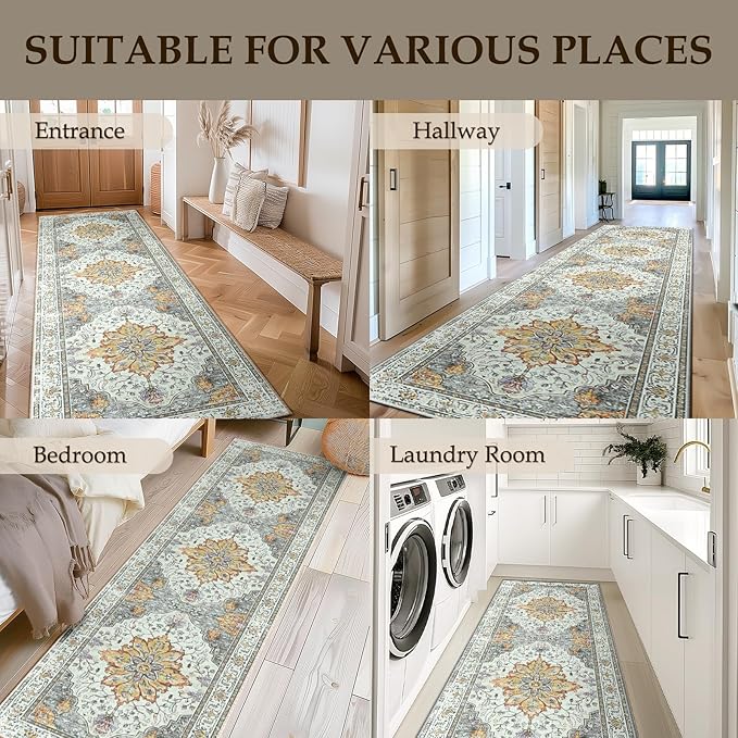 RELEANY Area Rugs 2'x6' Runner Rug Non Slip Washable for Kitchen Hallway Bedroom Beside Laundry Room Bathroom Rug, Floor Carpet, Light Yellow Carbon Grey Orange