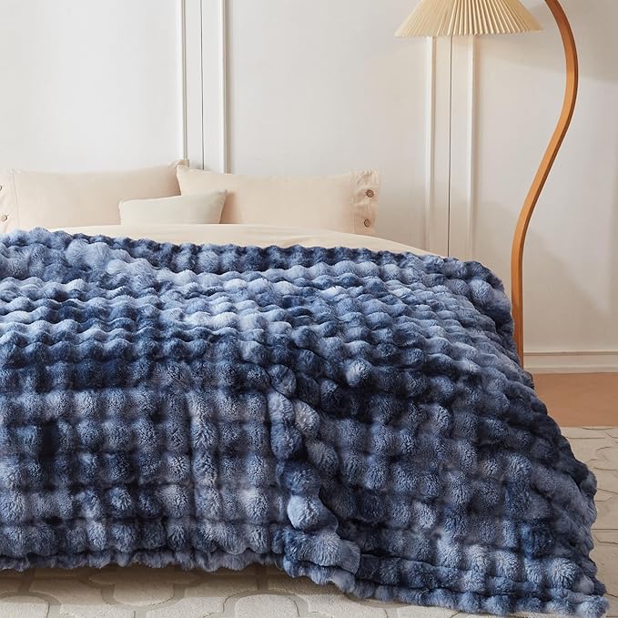 COOVA Faux Fur Throw Blanket for Couch, Cozy Soft and Fuzzy Plush Rabbit Fur Bubble Blanket for Sofa Bedroom Living Room, 60x80 Inches Tie Dye Light Blue