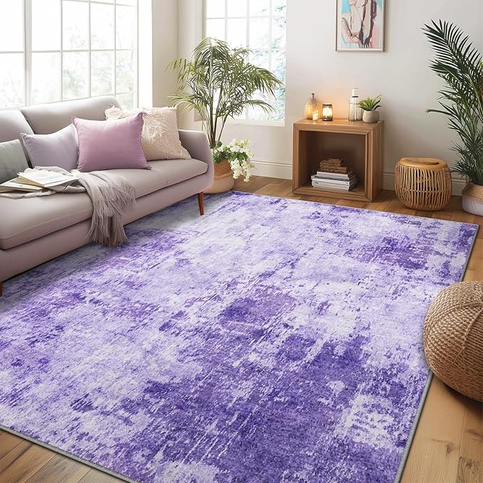 Washable Area Rugs 7'x9' Non-Slip Modern Abstract Soft for Living Room Entryway Bedroom Nursery, Print Pattern, Purple Gray Pink White