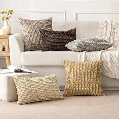 MIULEE Pack of 2 Corduroy Decorative Throw Pillow Covers 18x18 Inch Soft Boho Striped Pillow Covers Modern Farmhouse Home Decor for Sofa Living Room Couch Bed Tan