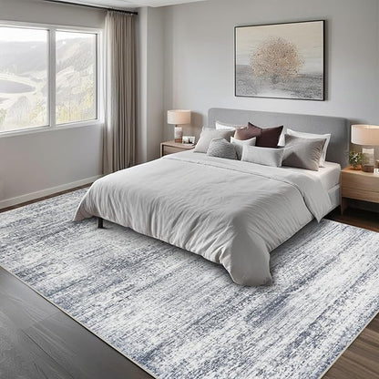 Srugn Washable Rugs 8x10 Area Rugs for Living Room,Rugs for Bedroom,Large Carpets,Ultra Soft Faux Wool Retro Dining Room Rug,Non Slip&Non-Shedding Low Pile Vintage Print Rug for Home Office-Grey Cream