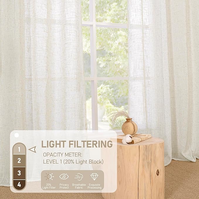 LAMIT Natural Linen Curtains for Living Room 2 Panels Set, 80 Inch Faux Linen Textured Light Filtering Drapes Bronze Grommet Boho Panels for Farmhouse/Bedroom/Porch, 52 x 80 Inch