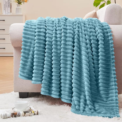 BEDELITE Fleece Throw Blanket for Couch – 3D Ribbed Jacquard Soft and Warm Decorative Fuzzy Blanket – Cozy, Fluffy, Plush Lightweight Washed Blue Throw Blankets for Bed, Sofa, 50x60 inches