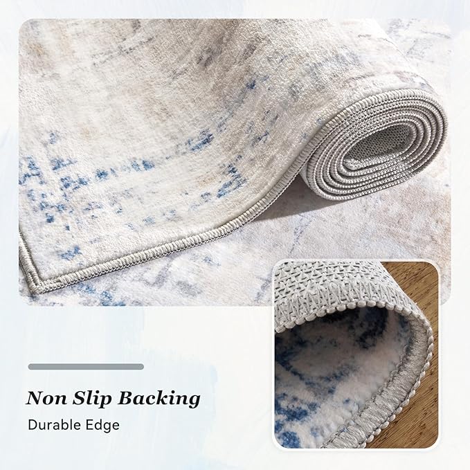 6 x 9 Area Rugs for Living Room, Machine Washable Non Slip Rug Ultra Soft Low Pile Indoor Carpet Modern Abstract Rugs for Bedroom Office Room Dining Room Beside, Blue/Grey