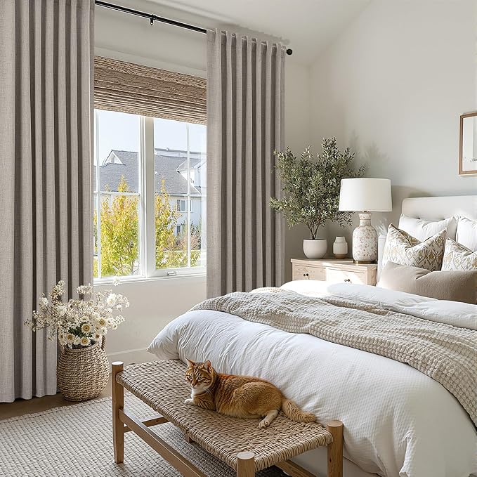 MIULEE 100% Blackout Linen Curtains for Bedroom,Greige Solid Luxury Decor Thermal Insulation Room Darkening Drapes for Living Room Nursery Back Tab Rod Pocket 42 x 108 Inches, 2 Panels