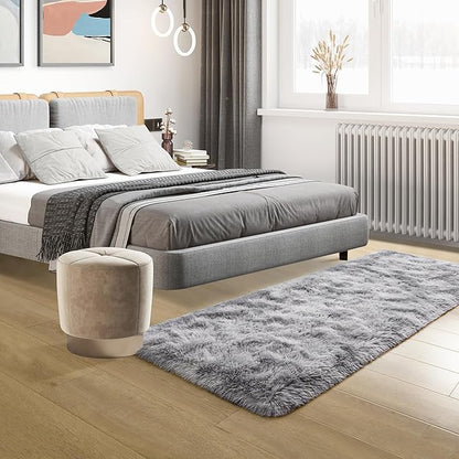 Tepook Fluffy Runner Rugs for Bedroom Aesthetic 2x6 Feet, Shag Soft Bedside Rug with Non-Slip Bottom, Fuzzy Plush Carpet for Room, Hallway Rug for Nursery Dorm Indoor Home Decor, Tie-dye Light Grey