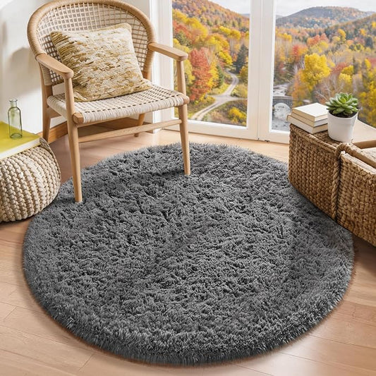 Ophanie Round Rug 3Ft Grey Circle Area Rugs, Fluffy Fuzzy Small Bedroom Carpet 3 Foot, Plush Shag Floor Gray Living Room Christmas Circular Aesthetic Decor for Kids Teen Boys Baby, Nursery, Classroom