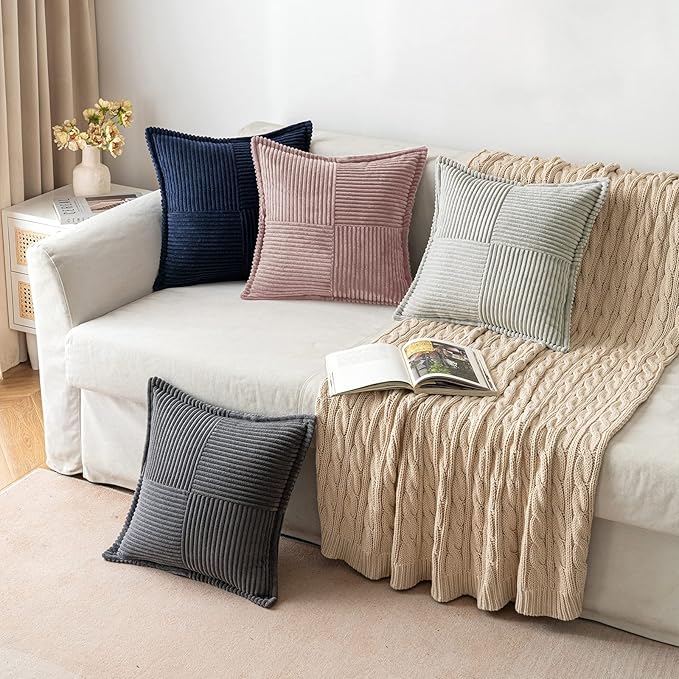 MIULEE Blush Pink Corduroy Decorative Euro Sham Pillow Covers 24x24 Inch with Splicing Set of 2 Soft Boho Pillow Covers Broadside Textured Pillowcases for Couch Bed Livingroom