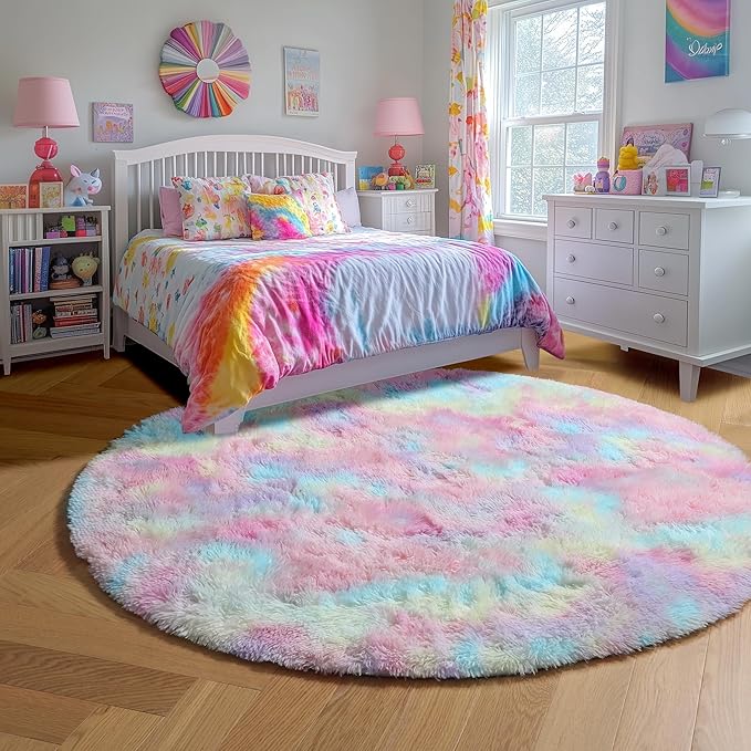 Amdrebio Rainbow Fluffy Round Rug 7Ft Kids Rugs for Girls Bedroom, Unicorn Room Decor, Colorful Pastel Big Large Carpet for Baby Nursery Playroom, Cute Shaggy Kawaii Circle Area Rug for Teen Princess