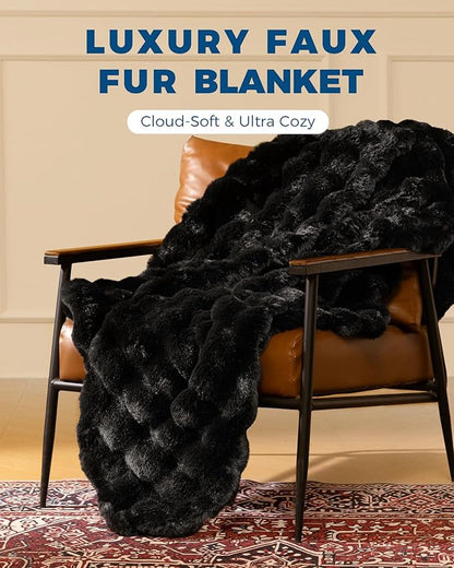 Ultra Soft Cozy Faux Fur Throw Blanket, Fuzzy Plush Thick Bubble Blanket, Luxury Fluffy Blanket for Couch, Sofa, Bedroom, and Living Room, 50x60 Inches, Black