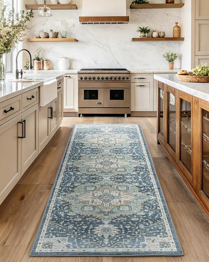 AMADA HOMEFURNISHING 2'6"x10' Washable Area Rug, Low-Profile Entryway Rug with Non-Slip Backing & Durable Edge Binding, Vintage Rug Pattern, Small Rugs for Entryway, Kitchen & Living Room