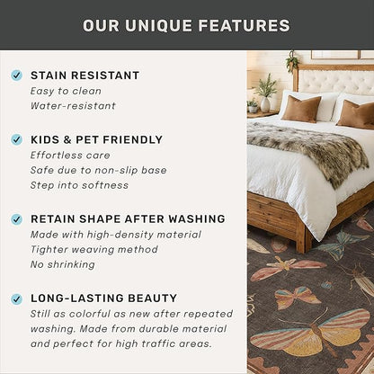 5x8 Brown Rugs for Living Room, Soft Boho Rugs for Bedroom, Non Slip Dining Room Carpet for Under Table, Vintage Farmhouse Home Décor, Low Pile Stain Resistant Mat