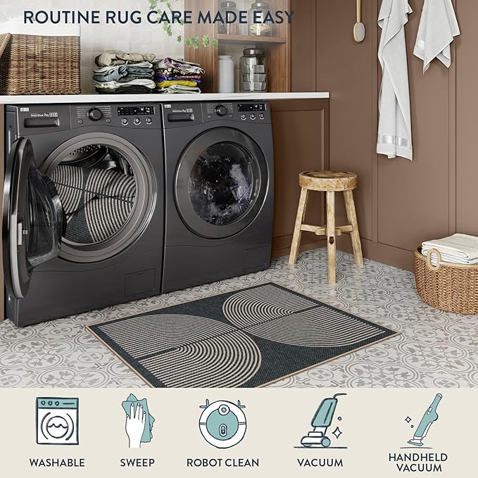 Lahome Enfys Rainbow Indoor Door Mat, 20"x32" Small Black Rugs for Entryway Kitchen Neutral Area Rug, Farmhouse Non Slip Non Shedding Lightweight Floor Carpet for Front Porch