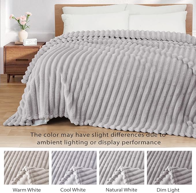 Exclusivo Mezcla Fleece Throw Blanket for Couch, Super Soft Striped Jacquard Bed Blanket, Lightweight Fuzzy Cozy for All Seasons, 50x60 Inches, Light Grey