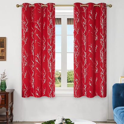 Deconovo Christmas Red Curtains, Blackout Drapes, Soundproof Curtain, Silver Print, 42 x 63 Inch Long, 2 Panels, Machine Washable Window Panel for Living Room Bedroom Festival Party Decoration Kitchen