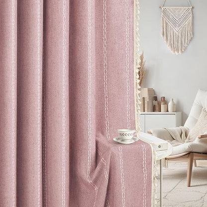 Boho Blackout Curtains 2 Panels 84 Inch for Living Room Bedroom,Pink Linen Texture Farmhouse Curtains with Tassels and Cotton Embroidery Vintage Rustic Western Rod Pocket