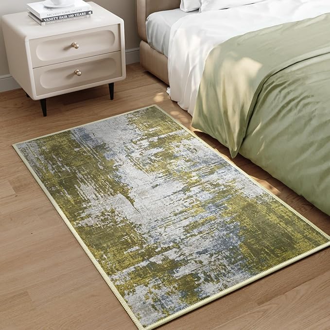 Entrance Rugs Indoor 2x3 Green Entry Rug Washable Abstract Small Area Rug Non-Slip Low Pile Throw Rugs for Entryway, Kitchen Floor, Front Door Indoor Door Mat, Bedroom Bedside