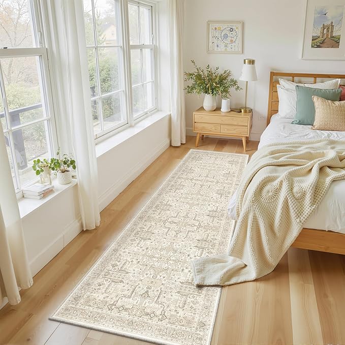 2x6 Hallway Washable Runner Rug - Soft Non Slip Vintage Rugs for Entryway Low-Pile Farmhouse Neutral Kitchen Runners Living Room Floor Mat Stain Resistant Distressed Carpet for Bedroom Bathroom Beige