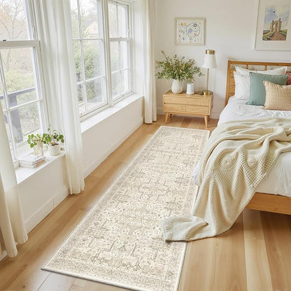 2x6 Hallway Washable Runner Rug - Soft Non Slip Vintage Rugs for Entryway Low-Pile Farmhouse Neutral Kitchen Runners Living Room Floor Mat Stain Resistant Distressed Carpet for Bedroom Bathroom Beige