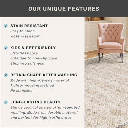 Beige Cream 2x10 Long Hallway Runner Rug, Non Slip Farmhouse Kitchen Rugs Washable, Geometric Floral Modern Entryway Floor Mats, Non Skid with Rubber Backing, Low Pile & Soft Carpet