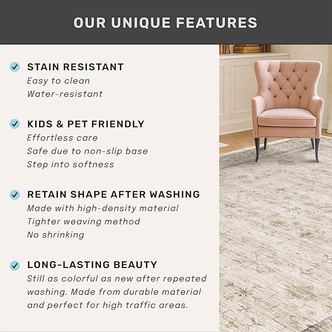 3x8 Non Slip Wide Runner Rug for Hallway Washable, Long Farmhouse Kitchen Rugs, Beige Cream Floral Entryway Mat, Low Pile & Soft Retro Décor Indoor, Non Skid Stain Resistant Carpet