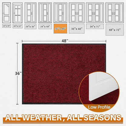 Mibao Front Door Mat, Dirt Trapper Welcome Mat for Outdoor Indoor, Non-Slip Waterproof Doormat, Durable Machine Washable Low Profile Entry Rug for Back Door Outside Patio Porch, 48" x 36", Red