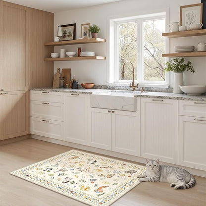 2x3 Cat Rugs for Entryway, Machine Washable Door Mat Animal Floral Small Area Rug Non-Slip Low Pile Soft Throw Rugs for Entrance Kitchen Indoor Front Door Kids Room (2 x 3,Beige)