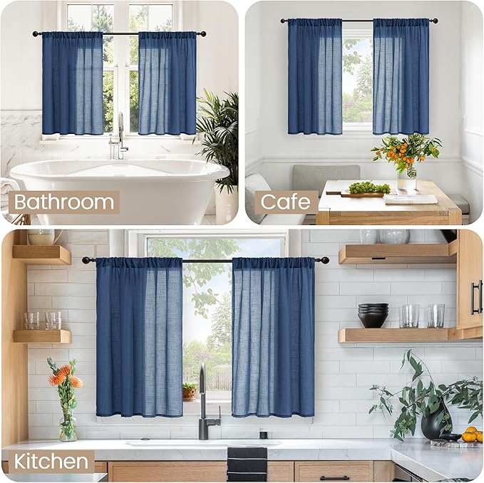 BGment Short Navy Blue Semi Sheer Curtains 40 Inch Length for Windows, Linen Small Drapes Light Filtering for Bathroom Cafe Decor with Rod Pocket Lightweight, 2 Panels Set, Each 30 Inch Wide