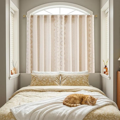 jinchan Belrose Linen Floral Cafe Curtains 54 Inch Length Embroidered Farmhouse Curtains for Kitchen Bedroom Bathroom Small Windows Curtain Set Light Filtering 2 Panels Beige
