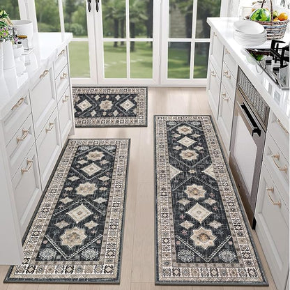 HEBE Boho Kitchen Rug Sets 3 Piece with Runner Non Slip Kitchen Rugs and Mats Washable Kitchen Mats for Floor Thick Kitchen Floor Mat Carpet Runner Rugs for Hallway Laundry Holiday Decor