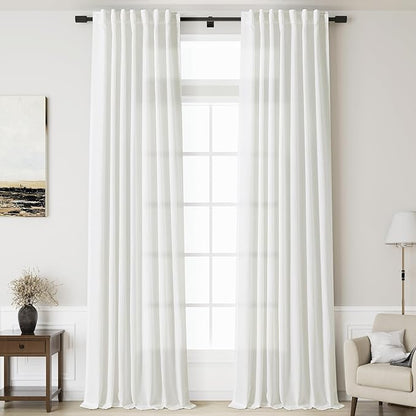 Linen Off White Curtains 145 inch Extra Long for Living Room Back Tab Light Filtering Sheer Drapes Modern Farmhouse Coastal Decor Cotton Textured Curtain for Floor to Ceiling High Window 52x145