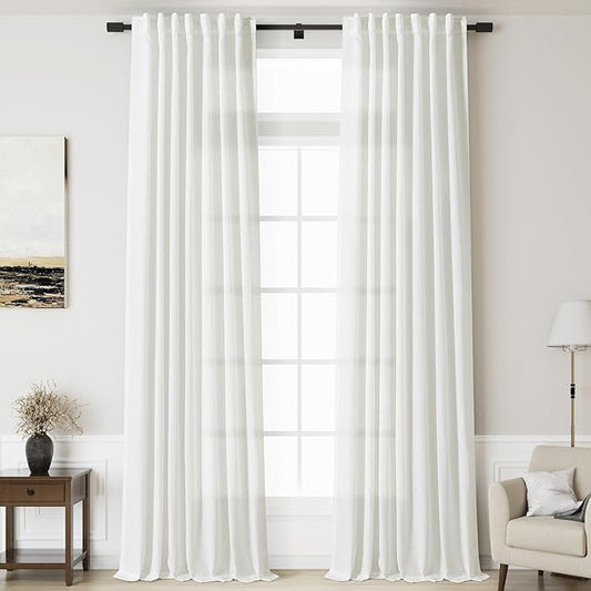 Linen Off White Curtains 144 inch Extra Long for Living Room Back Tab Light Filtering Semi Sheer Drapes Modern Farmhouse Coastal White Cotton Textured Curtain for Floor to Ceiling Window 12 FT