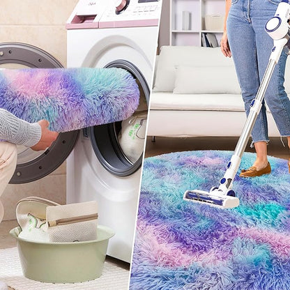 Tie Dye Rainbow Round Rugs Small 2x2 ft Fluffy Circle Rug Furry Carpet Shaggy Circular Fuzzy Plush Area Rug for Girls Bedroom Kids Room Nursery Cute Room Decor Chair Cushion Pet mat Doormat