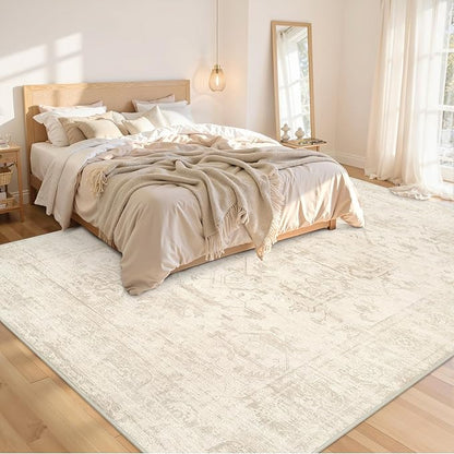 8x10 Area Rugs for Living Room: Vintage Boho Neutral Washable Rug Indoor Soft Large Area Rug Carpet for Bedroom Nursery Farmhouse Dining Room Office Floor Non-Slip Low Pile Under Table Rug Beige/Brown