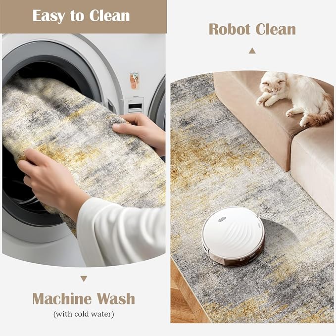 4x8 Washable Kitchen Runner Rug: Modern Abstract Wide Runners for Hallway Soft Non Slip Rugs with Rubber Backing Low Pile Thin Carpet for Entryway Bedroom Bathroom Laundry Indoor(Grey/Yellow,4x8)
