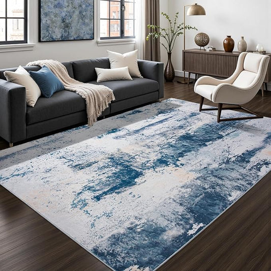 Toneed Abstract Area Rug Modern Washable Rug Soft Non Slip Rug Low Pile for Bedroom Living Room Dining Room Dusty Teal Grey 7x10 Feet