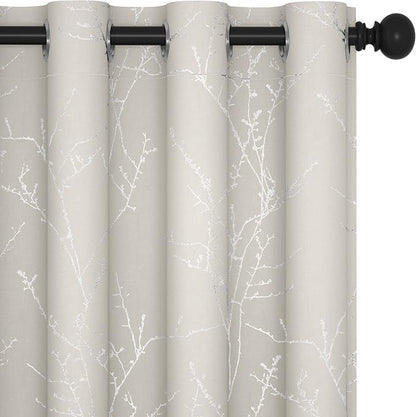 Deconovo Living Room Curtains, Room Darkening Curtain, Thermal Insulated Soundproof Drapes, Silver Branch Print, 52 x 72 Inch Long, Machine Washable Window Panels for Bedroom Office Nursery, Set of 2