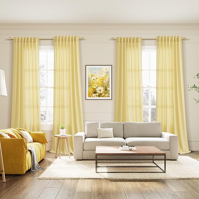 Yellow Linen Blend Drapes 84 Inch Length 2 Panels Set Back Tab Rod Pocket Light Filtering Privacy Semi Sheer Textured Curtain Neutral Farmhouse Decor for Living Room Bedroom Curtains 52x84