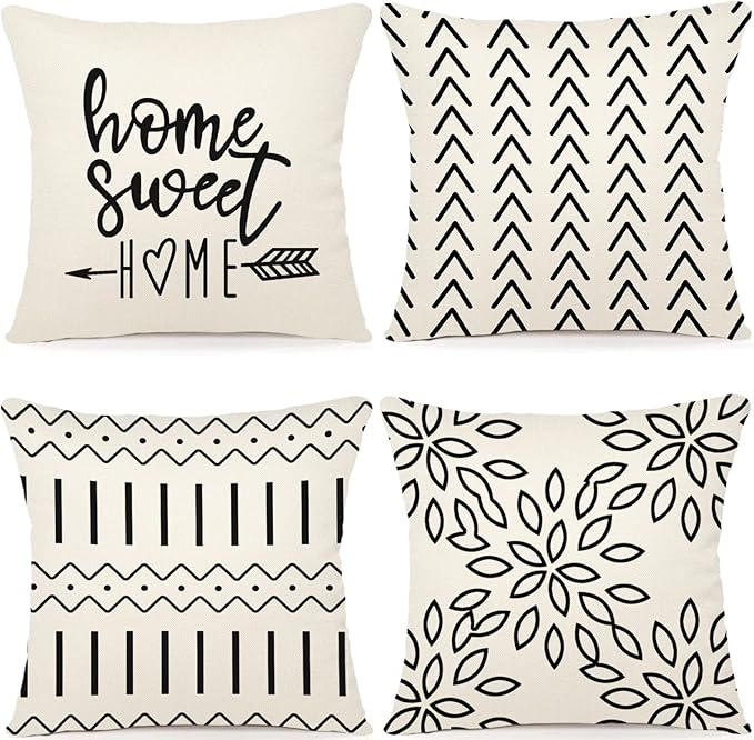 YCOLL Pillow Covers 16x16 Set of 4, Modern Sofa Throw Pillow Cover, Decorative Outdoor Linen Fabric Pillow Case for Couch Bed Car, Cream