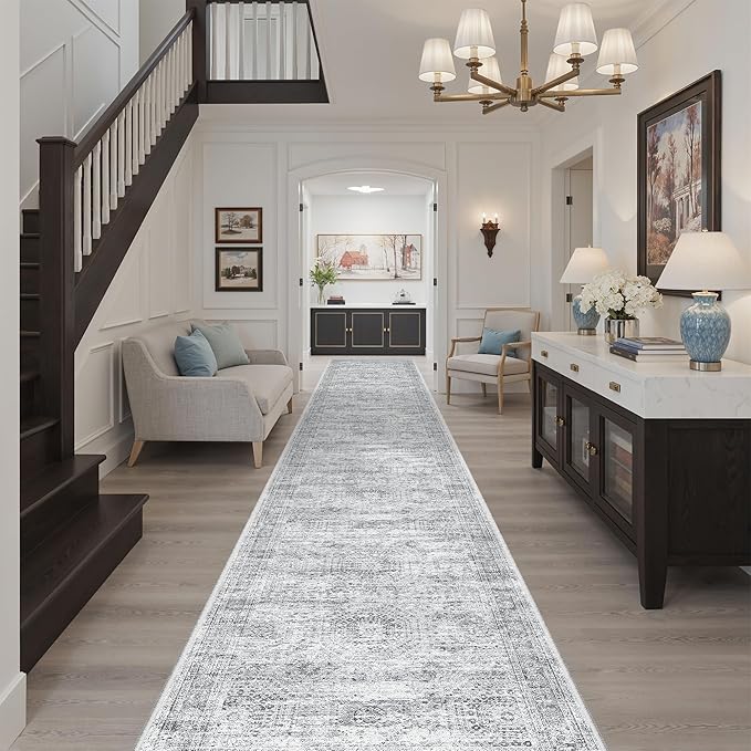 Runner Rug 2'6" x 16' Washable Non-Slip 2.5x16 ft Long Runner Rugs for Kitchen Bathroom Laundry Room Vintage Ultra Thin Runners for Hallway Entryway Grey