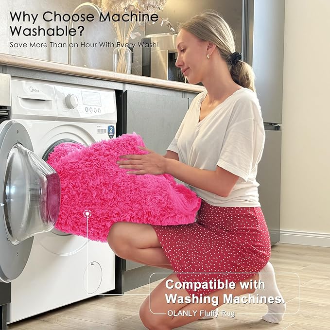 OLANLY 2x5 Machine Washable Runner Rugs for Hallway, Soft Fluffy Shaggy Bedside Rugs for Bedroom, Living Room, Indoor Floor Carpet for Kids Girls Boys, Nursery Rooms, Home Decor Aesthetic, Hot Pink