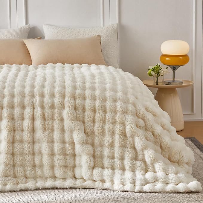 COOVA Faux Fur Throw Blanket for Couch, Cozy Soft and Fuzzy Plush Rabbit Fur Bubble Blanket for Sofa Bedroom Living Room, 60x80 Inches Ivory White
